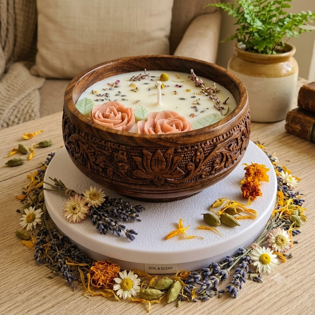Hand-Carved Botanical Wooden Urli Candle