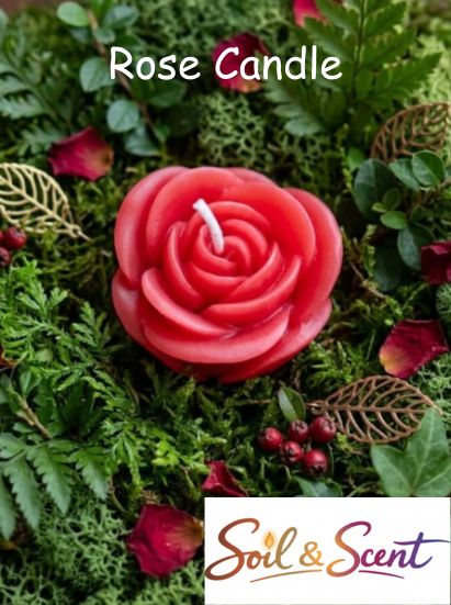 Swan-pillar shaped candle by Soil & Scent surrounded by greenery and rose petals
